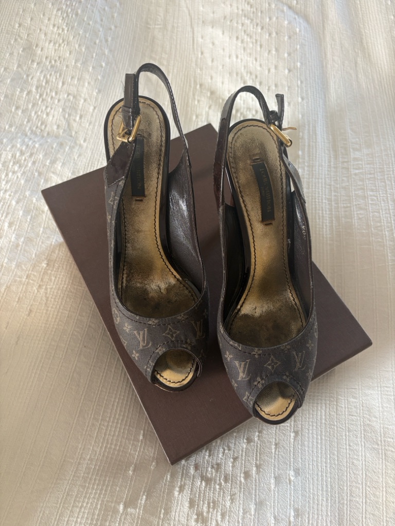 Louis Vuitton Brown Monogram Canvas Slingback Heels With Wood-Effect Heel